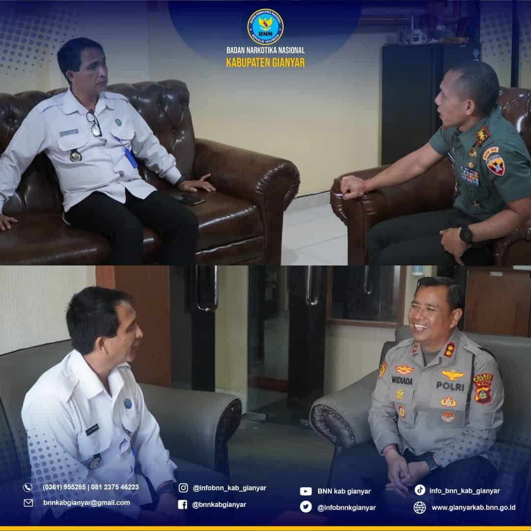 Koordinasi dengan Kapolres Gianyar dan Dandim 1616/Gianyar terkait rapat Rapat Koordinasi Tindak Lanjut Ratas Presiden dengan Kepala BNN RI bersama Kepala BNNP Bali
